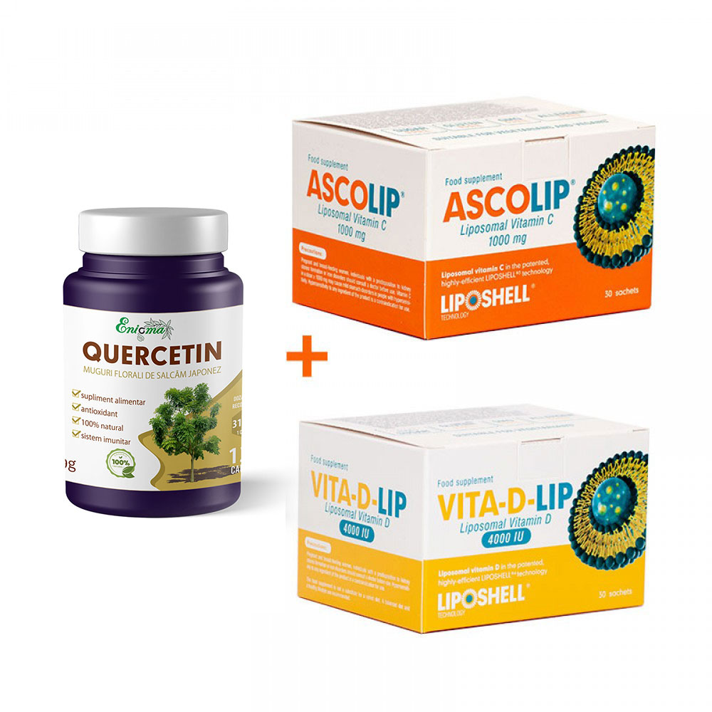 Pachet Promoțional – Quercetină (120 capsule) + Vitamina C Lipozomală 1000 mg LIPOSHELL® + Vitamina D Lipozomală 4000 IU LIPOSHELL®