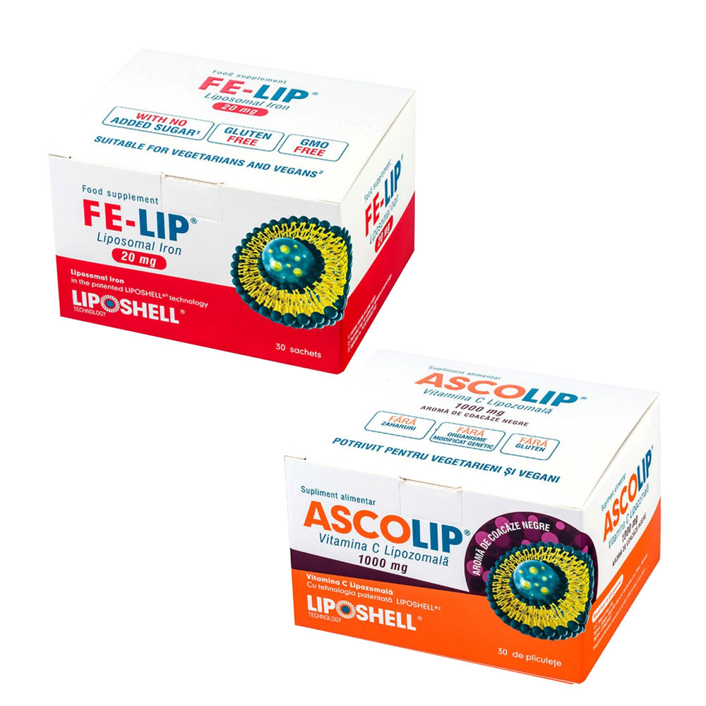 Pachet Ascolip 1000mg vitamina C lipozomala + Fier Lipozomal Pachet Ascolip 1000mg vitamina C lipozomala + Fier Lipozomal